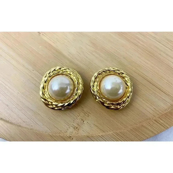 VTG Signed Bluette Shoe Clips Faux Pearl Gold Tone Textured 1980s - Picture 8 of 10